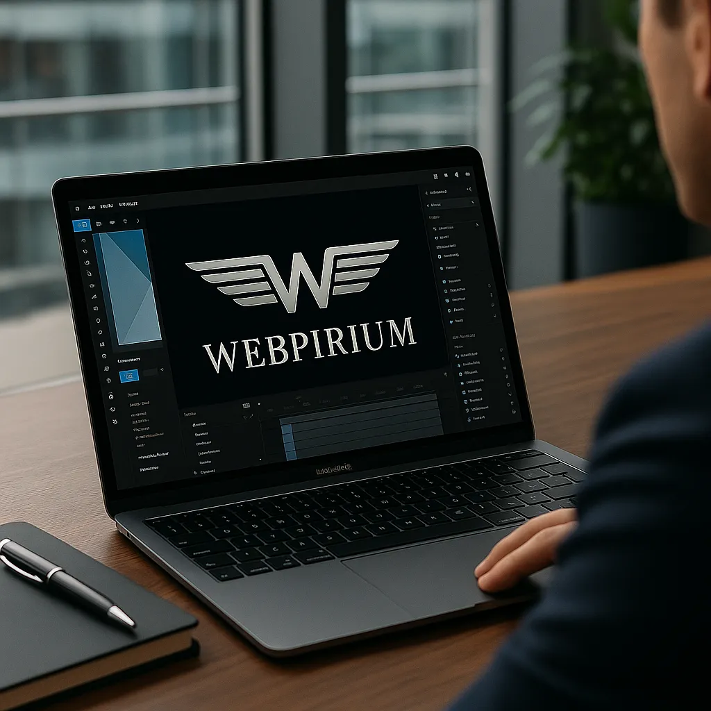 Het Webpirium-logo in ontwerp op een laptopscherm
