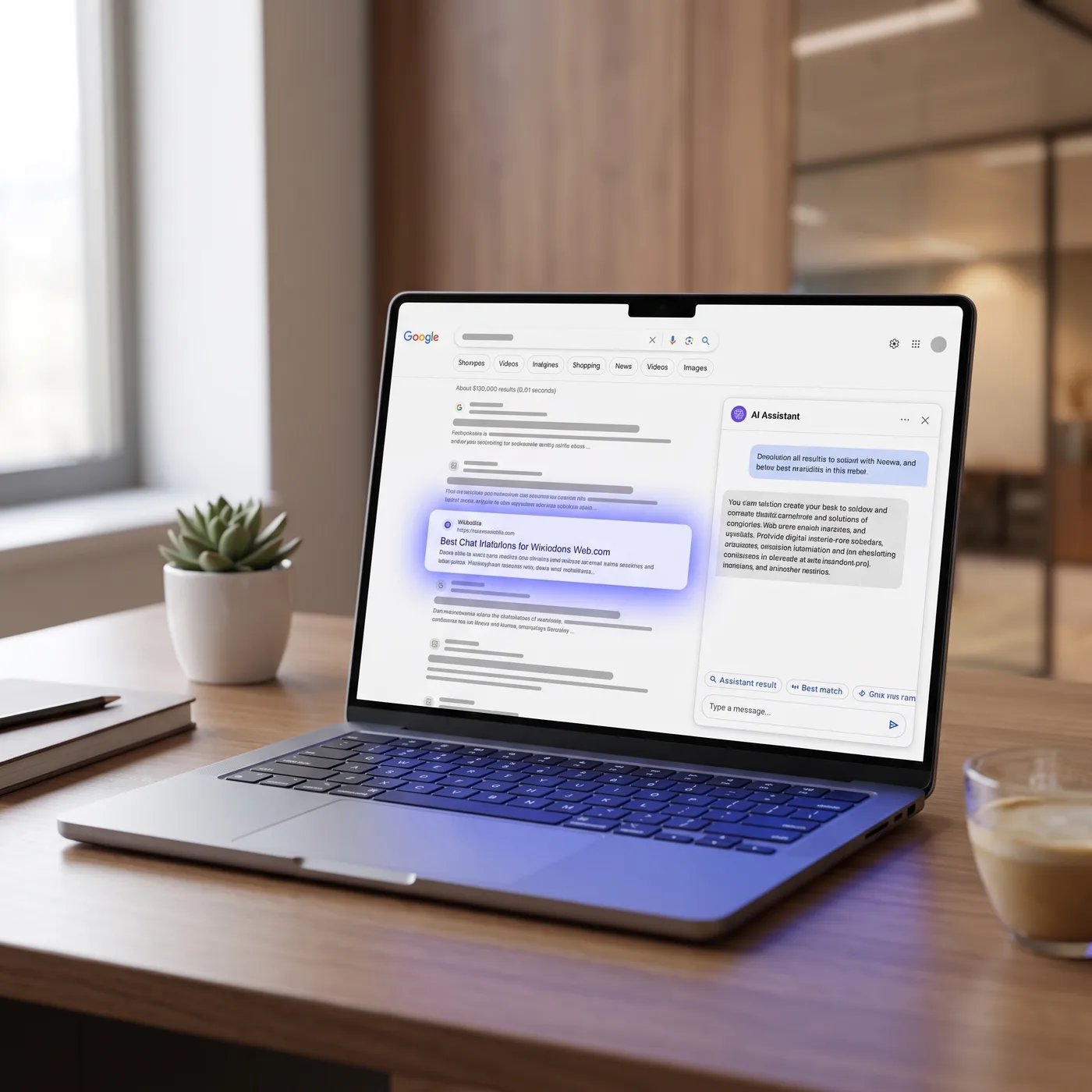 Laptop op een bureau met zoekresultaten en een AI-assistent in beeld